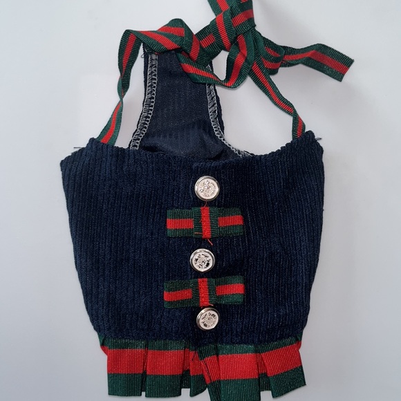 NWT Navy Blue Corduroy Pet Dress with Green & Red Ribbon Straps - Picture 3 of 5